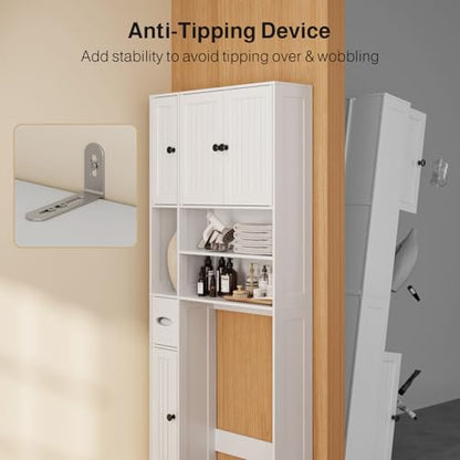 Over The Toilet Storage Cabinet, with Five Doors, White | Over Toilet Bathroom Organizer with Adjustable Shelves, Above Toilet Storage Cabinet for Bathroom, Restroom, Laundry