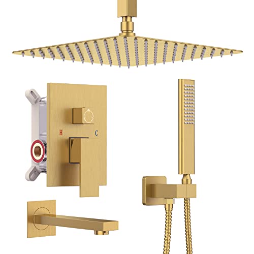 Iriber Ceiling Brushed Gold Rain Shower System with Waterfall Tub Spout 3 Function Shower Faucet Set Contain 12 Inch Shower Head and Handheld Shower Trim Kit (Valve Cartridge Included) - color: Brushed Gold 02
