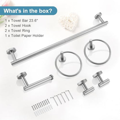 TQKAG Brushed Nickel Bathroom Hardware Set 6-Piece Bathroom Accessory Set 23.6 Inch Round Stainless Steel Towel Bar Set Wall Mounted - color: Brushed Nickel, size: 6-Pieces Set