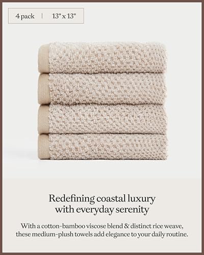 Cozy Earth Nantucket 60% Cotton 40% Viscose from Bamboo Washcloth | 600 GSM Plush and Fast-Drying with Rice Weave Pattern, 4 Pack 13" x 13" Luxury Washcloth, Sand - color: Heathered Sand, size: Washcloth