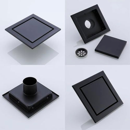 RANDOM Black Shower Drain Square with Removable Tile Insert 6 Inch Drain Cover and Hair Strainer,SUS 304 Stainless Steel Matte Black Shower Floor Drain - color: D-matte Black-6″ Square