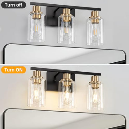 3 Light Bathroom Wall Light Fixture Vanity Wall Lights Over Mirror | Wall Sconce Lighting with Clear Glass Shades, Modern Wall Lights Wall Lamp for Mirror, Hallway Kitchen Bedroom Cabinet - color: Black Gold
