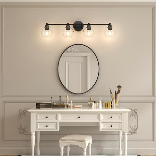 VONLUCE 4 Light Bathroom Vanity Light Fixtures, Black Finish | Globe Glass Shades, E26 Sockets, Easy to install, Vanity Lights for Bedroom Hallway Living Room - color: Black, size: 4-Light