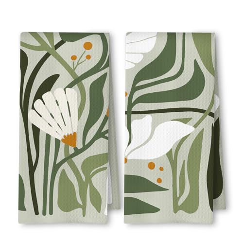Abstract Boho Sage Green Floral Kitchen Towels Set of 2, 70s Retro Groovy Boho Botanical Dish Tea Towels for Kitchen Decor, Mid Century Modern Hand Towels for Bathroom Decor, 16x24 Inch - color: Boho Sage Green