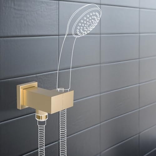 Bathroom Brass Water Supply Elbows Wall Mount Hand Held Shower Head Bracket with On/Off Flow Control Holder Angle Adjustable, Brushed Gold - color: brushed gold