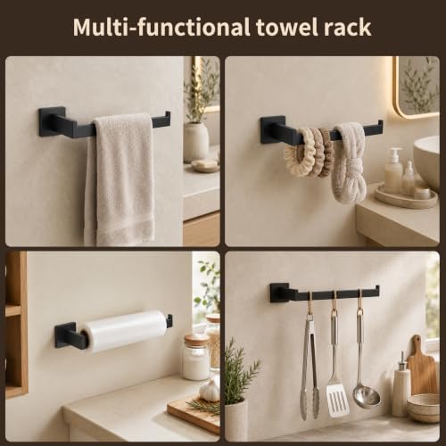 9 Piece Matte Black Bathroom Hardware Set, 24 Inch Double Towel Bar with Removable Hooks, SUS304 Stainless Steel Wall Mounted Heavy Duty Rustproof Accessories for Bathroom Kitchen - color: B-24 Matte Black