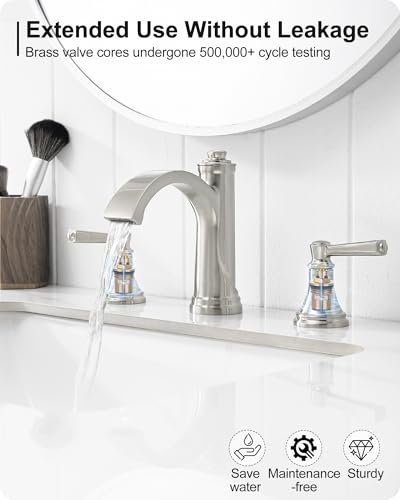 Brass Waterfall Bathroom Faucets, Brushed Nickel Bathroom Faucet 4-16 Inch, 2 Handle Widespread Bathroom Sink Faucet 3 Hole with Pop Up Drain and Supply Lines - color: Brushed Nickel