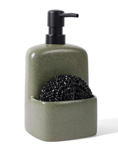 BosilunLife Dish Soap Dispenser - Matte Green Ceramic Kitchen Soap Dispenser with Sponge Holder Matte Ceramic Soap Daddy Dispenser 20oz for Kitchen Soap Pump and Sponges Caddy - color: Matte Green