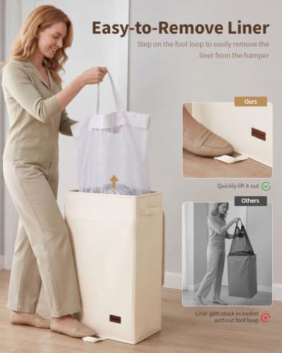 85L Laundry Hamper with Lid, Large Hamper for Clothes, Off White | Foot Loop & Removable Bag Easy to Lift and Carry, Tall & Collapsible Laundry Basket for Bathroom, Bedroom, Laundry Room, Dorm - color: Beige