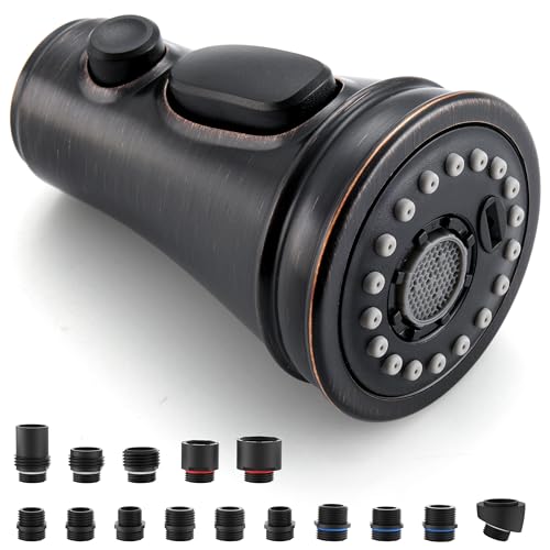 Kitchen Faucet Replacement Spray Head - with 15 Adapters, Oil Rubbed Bronze | Pull Down Kitchen Sink Faucet Sprayer Head, 3-Function Nozzle Stream/Spray/Blade, Easy to Install, Compatible with Moen Delta - color: Oil Rubbed Bronze