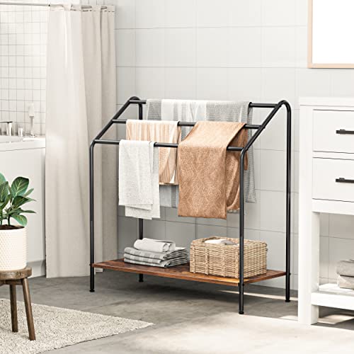 HOOBRO Freestanding Towel-Rack for Bathroom, 3 Tier Blanket Rack for Living Room, 31.5" L x 14.2" W x 33.9" H, Quilt Blanket Ladder Holder, Drying and Display Rack, Rustic Brown and Black BF80LB01 - size: 31.5"L x 14.2"W x 33.9"H