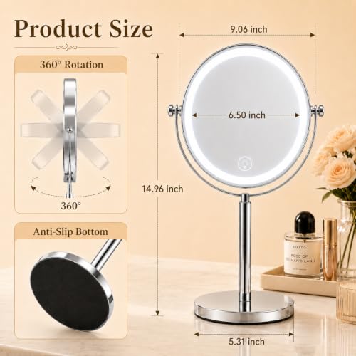 Ysenchan Lighted Makeup Mirror, 8'' Rechargable LED Vanity Magnifying Mirror, Double Sided 5X Manification Mirror with Stand, Cosmetic Standing Desk