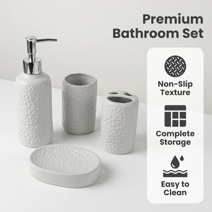 4 Piece White Ceramic Bathroom Accessories Set, 3D Embossed Floral Bath Decor Set with Soap Dispenser, Toothbrush Holder, Tumbler and Soap Dish, Elegant Countertop Organizer for Bathroom