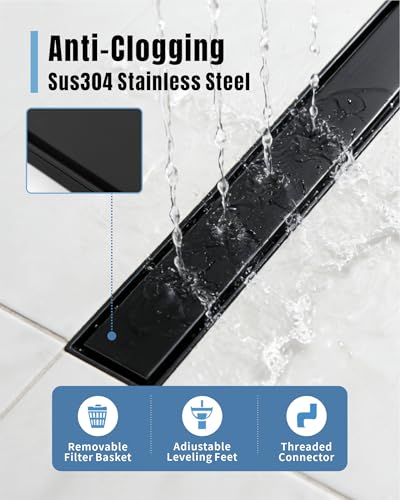 12 Inch Matte Black Linear Shower Drain | CUPC Certified 2-in-1 Tile Insert for Curbless Showers. 304 Steel, 15.8GPM Flow. Includes Hair Catcher & Adjustable Feet. - color: Matte Black, size: 12in