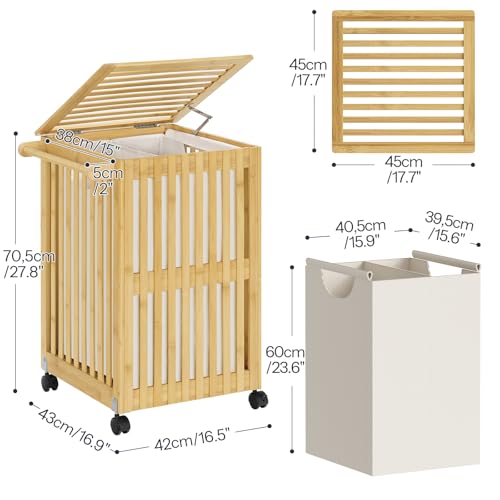 HOOBRO Laundry Hamper with Lid and Wheels, 120 L (31Gal) Double Laundry Basket, Bamboo Clothes Hamper with Handles and Removable Liner, for Laundry Room, Bathroom, Bedroom, Natural YL60XY01