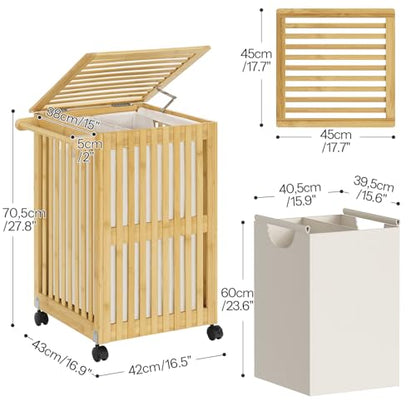 HOOBRO Laundry Hamper with Lid and Wheels, 120 L (31Gal) Double Laundry Basket, Bamboo Clothes Hamper with Handles and Removable Liner, for Laundry Room, Bathroom, Bedroom, Natural YL60XY01