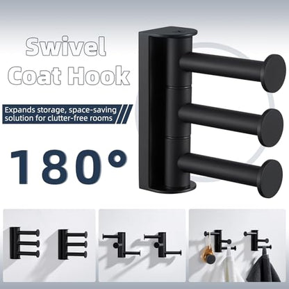 Matte Black 3-Arm Swivel Towel Hooks, 2 Pack, 304 Stainless Steel | Rustproof Rotating Wall Hooks for Bathroom Kitchen Closet, Heavy Duty 11 lbs, Smooth 180° Rotatable & Foldable, Wall Mounted - color: Matte Black, size: 2 Pack