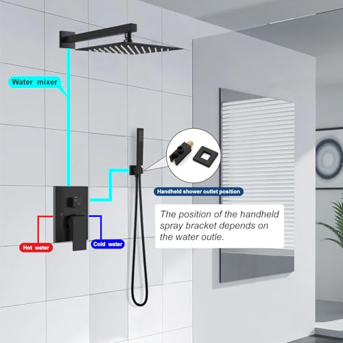 Midanya Shower Faucet Set with Handheld Sprayer,16 Inch,Matte Black | Rough-in Shower Valve and Trim Kit Included,Square Rain Head,Wall Mount Shower System,All Metal,Bathroom - color: Black, size: 16 Inch