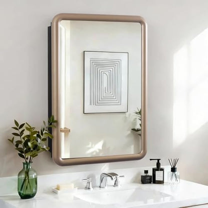 Gold Medicine Cabinet, 18x26.5 Inch Wood Framed Mirror, Fully Assembled Recessed or Wall Mount Wood Cabinet with 2 Storage Shelves, Fully Assembled - color: Gold