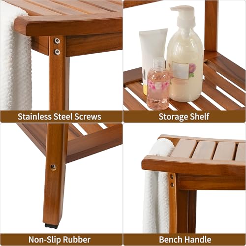Utoplike Teak Shower Bench Seat with Handles, Bath Chair Stool for Inside | Portable Wood Spa Chair With Towel, Storage Shelf, 22" x 13" x 18.6", for Outdoor Bathroom Use - size: Large