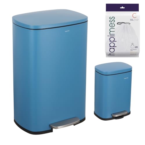 happimess Connor 2-Piece Iron Trash Can, Bright Cobalt Blue | 13.2 And 1.3 Gallons, Rectangular, Soft-Close Lid, Step Pedal, 20 Liners, 26" And 12" Height - color: Bright Cobalt Blue