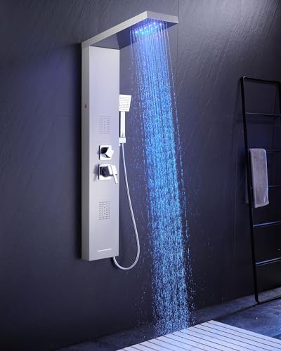 5-in-1 LED Shower Panel Tower System Stainless Steel Brushed Nickel | Rainfall head | 2-in-1 body jets | Handheld shower | Tub spout | LED lights | Wall mount - color: Brushed Nickel