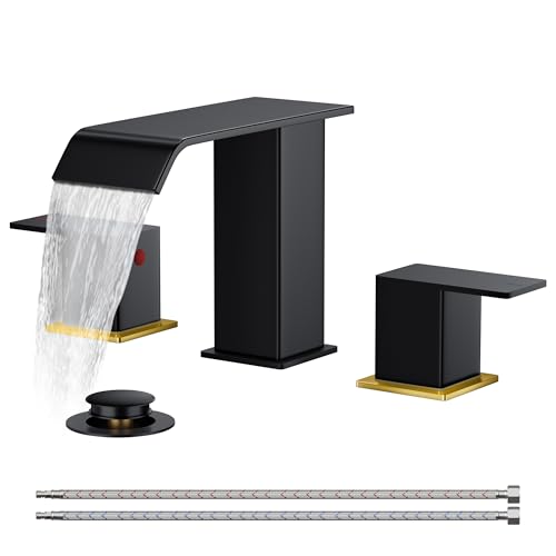 FORIOUS Bathroom Faucet 3 Hole,8 Inch Widespread Sink Faucet Black and Gold | 3-hole 4-12 Inch Widespread Sink, Square Waterfall Spout, with Drain and Hoses,for Vanity Rv Commercial Lavatory Restroom - color: Black and Gold