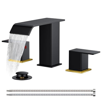 FORIOUS Bathroom Faucet 3 Hole,8 Inch Widespread Sink Faucet Black and Gold | 3-hole 4-12 Inch Widespread Sink, Square Waterfall Spout, with Drain and Hoses,for Vanity Rv Commercial Lavatory Restroom - color: Black and Gold