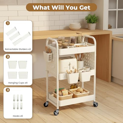 Craft Cart, Black Rolling Cart with Retractable Dividers & DIY Pegboards for Kitchen, Bedroom, Laundry - color: White
