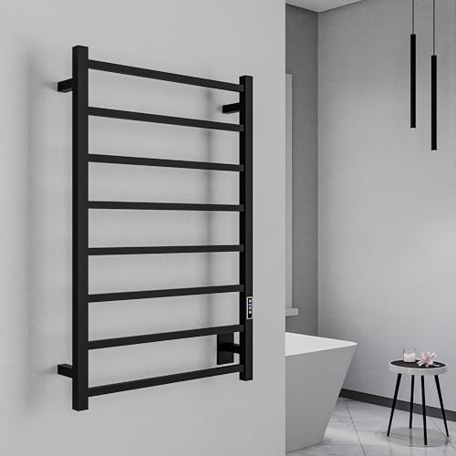 ANZZI Bell 8-Bar Wall Mounted Towel Warmer in Matte Black, Energy Efficient 80W Electric Plug in Heated Towel Rack for Bathroom, Steel Towel Heater Rail On/Off Switch Drying Rack, TW-AZ026MBK - color: Black