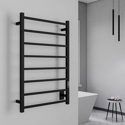 ANZZI Bell 8-Bar Wall Mounted Towel Warmer in Matte Black, Energy Efficient 80W Electric Plug in Heated Towel Rack for Bathroom, Steel Towel Heater Rail On/Off Switch Drying Rack, TW-AZ026MBK - color: Black