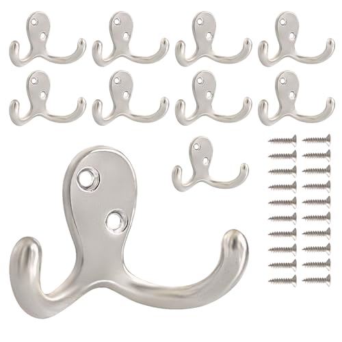 CBWLWJ 10 Pack Coat Hooks Wall Hooks for Hanging, Heavy Duty Double Prong Metal Hook Wall Mounted for Living Room, Bathroom, Kitchen, Bedroom for Coat, Bag, Scarf, Towel, Hat, Key, Cup (Silver) - color: Silver-10pack