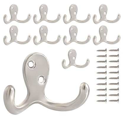 CBWLWJ 10 Pack Coat Hooks Wall Hooks for Hanging, Heavy Duty Double Prong Metal Hook Wall Mounted for Living Room, Bathroom, Kitchen, Bedroom for Coat, Bag, Scarf, Towel, Hat, Key, Cup (Silver) - color: Silver-10pack