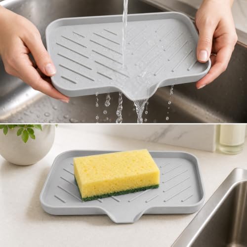 2 PCS Silicone Soap Dish with Drain, Soap Holder Sponge Drain Rack, Self-Draining Sink Organizer Tray for Kitchen & Bathroom - color: Grey