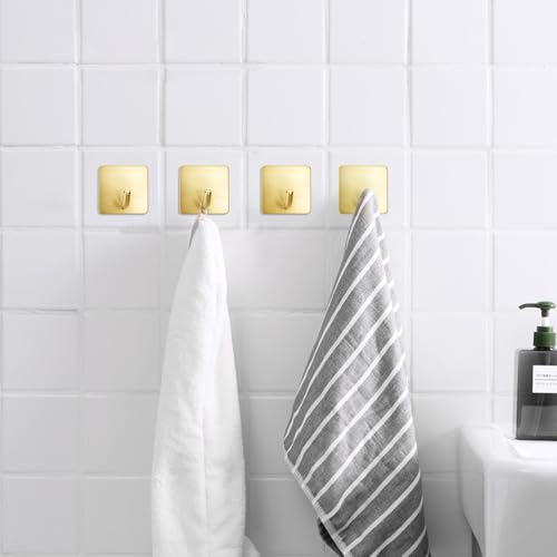 Golden Stainless Steel Square Self Adhesive Hooks - Extra-Long Anti-Slip with Upgraded Adhesive, Holds 15lb Heavy Duty Wall Hooks for Kitchen, Bathroom, Garage -4 Packs - color: Gold