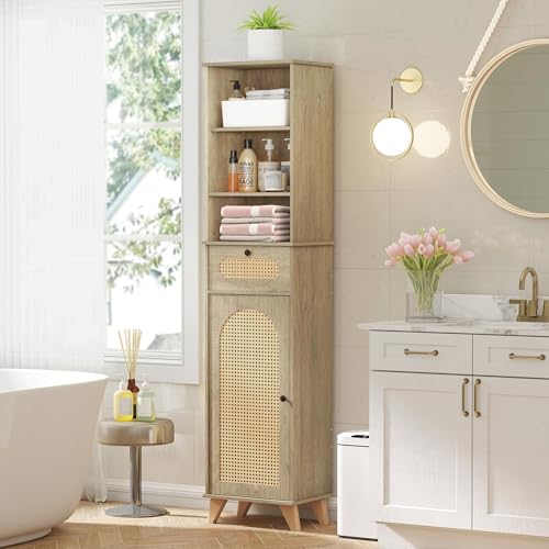 Quikraen Tall Bathroom Storage Cabinet with Rattan, Adjustable Shelves Bathroom Cabinet Storage Narrow Toilet Paper Storage Cabinet for Small Spaces,Living Room Dining Room Laundry,67.4in