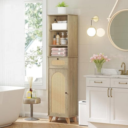Quikraen Tall Bathroom Storage Cabinet with Rattan, Adjustable Shelves Bathroom Cabinet Storage Narrow Toilet Paper Storage Cabinet for Small Spaces,Living Room Dining Room Laundry,67.4in