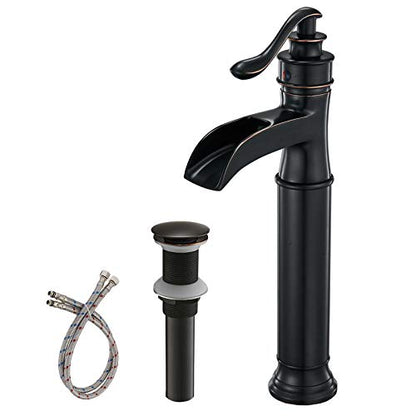 BWE Waterfall Spout Oil Rubbed Bronze Bathroom Faucet Vessel Sink Faucet | Single Handle One Hole Tall Sink Faucet Bathroom ORB Lavatory Faucets Deck Mount Commercial with Pop Up Drain 2 Supply Lines - color: Bronze