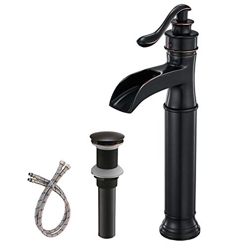 BWE Waterfall Spout Oil Rubbed Bronze Bathroom Faucet Vessel Sink Faucet | Single Handle One Hole Tall Sink Faucet Bathroom ORB Lavatory Faucets Deck Mount Commercial with Pop Up Drain 2 Supply Lines - color: Bronze