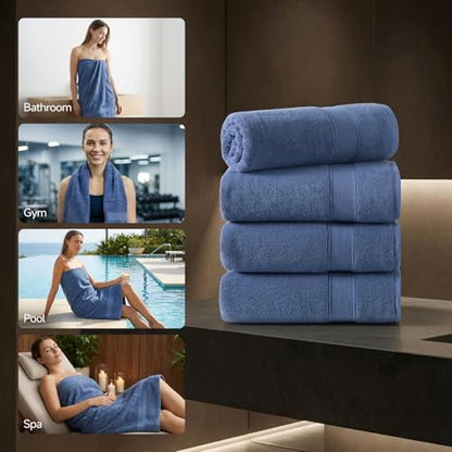REDKISS 100% Luxury Cotton Bath Towels 4-Pack, Ultra-Thick, Plush, Soft & Highly Absorbent for Bathroom, Hotel, Spa and Home - 27" x 55" - color: Navy Blue