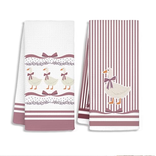 Goose Kids Hand Towels, Goose Gifts, Coquette Bow Striped Farm Animals Decorative Hand Towels for Kids Girls Bathroom Goose Home Decor, 16x24 Inch Set of 2 - color: Pink