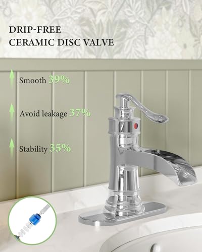 Bathroom Faucet Chrome Waterfall Bathroom Sink Faucets with Single Handle | Rustic Vanity Farmhouse RV Faucet Suitable for 1 or 3 Holes with Pop-up Drain Deck Plate Hose by Homevacious - color: Chrome