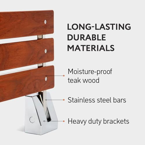 Folding Shower Seat - Wall Mounted - 16 Inch - Fold Down - Teak | Floating In Shower Bench - Fold Up Bathroom Stool - Foldable Teak Wood Chair with Stainless Steel Wall Mount - 330lb Capacity