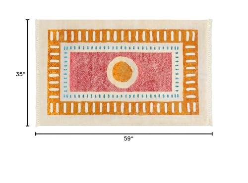 Lukinbox Boho Kids Area Rugs for Living Room, 3x5 Sun Machine Washable Bedroom Rug, Super Soft Non-Slip Orange Circular Rainbow Throw Rug for Entryway Playroom Nursery Room Dinning Room - size: 2'11" x 4'11" (Rectangular)