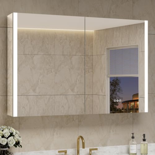36 x 32 Inch Medicine Cabinet with Mirror and LED Light for Bathroom | Recessed, Wall-Mounted, Dimmable, Anti-Fog, Memory Function, 3 Color Mode, Outlet&USB, Adjustable Shelf, ETL Listed, Aluminum - size: 36x32 Double Door