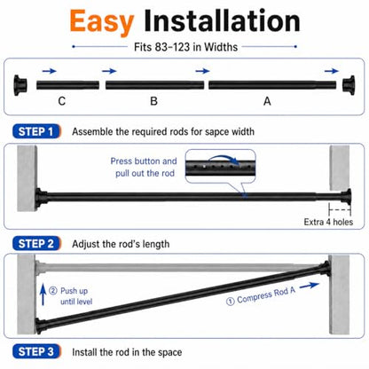 ALLZONE Tension Curtain Rod for Window, 83-123 Inches, Heavy Duty Curtain Rods No Drilling, Non-Slip Bathroom Shower Tension Rod, Renter Friendly, Adjustable, Spring Loaded, Extra Long, Black - color: Black, size: 83-123 Inches