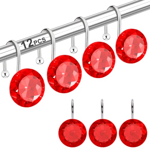 12PCS Stainless Steel Shower Curtain Hooks Rings for Bathroom, RustProof Metal Crystal Rhinestones Bling Shower Curtain Rings Hangers for Shower Curtains Decorative, Round Heavy Duty Hooks (Red) - color: Red, size: 12pcs
