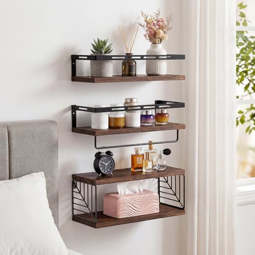 Fixwal Wall Mounted Bathroom Shelves Over Toilet (3+1 Dark Brown) | Wall Shelf with Basket Storage , Towel Bar, Solid Wood, 22Lb Capacity, Easy DIY Install - color: 6-dark Brown