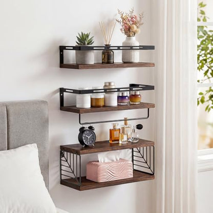Fixwal Wall Mounted Bathroom Shelves Over Toilet (3+1 Dark Brown) | Wall Shelf with Basket Storage , Towel Bar, Solid Wood, 22Lb Capacity, Easy DIY Install - color: 6-dark Brown