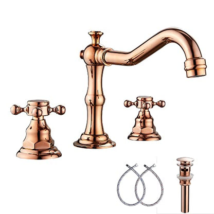 8-16 inch Two Handles 3 Holes Widespread Bathroom Sink Faucet Copper Basin Mixer Tap Faucet Matching Metal Pop Up Drain with Overflow - color: Copper, style: Metal Cover